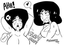afro ahe_gao ahe_gao artist_name big_breasts black_and_white breasts cartoon_network cleavage clenched_teeth dalexnormal dnormal11 eyelashes garnet_(steven_universe) heart huge_breasts implied_sex love onomatopoeia speech_bubble steven_universe sweat teeth