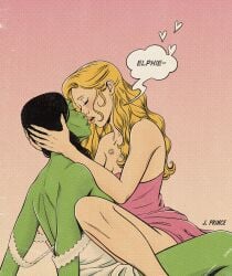 ariana_grande_(fortnite) black_hair blonde_hair blush exposed_back green_body green_skin hand_on_head jenifer_prince lesbian_kiss musical pajamas sapphic wicked wizard_of_oz yuri