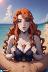 1boy 1boy1girl 1girls ai_generated artist_name beach bikini black_one-piece_swimsuit blue_sky blush breasts breasts_squeezed_together castlevania castlevania_(netflix) cleavage clothed_female_nude_male cloud collarbone day hair_ornament hi_res large_breasts lenore_(castlevania) lips long_hair looking_at_viewer male_pubic_hair medium_breasts nude ocean open_mouth orange_eyes orange_hair outdoors paizuri paizuri_under_clothes patreon_username penis pov rule34lab sky solo_focus straight sun swimsuit teeth tongue tongue_out uncensored water wavy_hair