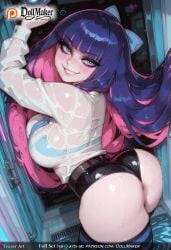 ai_generated ass bangs blue_bow blue_eyes blunt_bangs blush bow bra breasts colored_inner_hair dollmaker female hairbow large_breasts long_hair looking_at_viewer lying multicolored_hair panties pink_hair see-through smile solo stocking_(psg) stocking_anarchy striped striped_legwear sword tagme thighhighs two-tone_hair underwear weapon wet wet_clothes wet_shirt