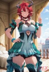 1girls ciaccona_(wuthering_waves) elf green_dress horns nyxworks red_hair symbol-shaped_pupils thighhighs wuthering_waves