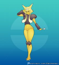 alakazam armor blonde_hair bottomless clothed clothing cutlery dex_appeal female fur generation_1_pokemon genitals hair hi_res humanoid kitchen_utensils mammal navel nintendo pokemon pokemon_(species) pokemorph pussy simple_background solo spoon tools yellow_body yellow_fur