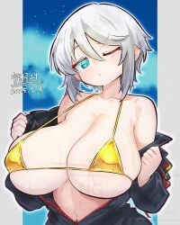 bikini bikini_top blue_eyes blush blushing_at_viewer blushing_female breasts breasts_out closed_mouth eyebrows_visible_through_hair eyelashes_visible_through_hair faust_(limbus_company) female female_focus female_only golden_bikini large_breasts limbus_company looking_at_viewer one_eye_closed open_clothes project_moon short_hair sweater tdragono_1011 white_hair