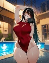 1girls aged_up ai_generated black_hair chainsaw_man competition_swimsuit female nayuta_(chainsaw_man) one-piece_swimsuit red_one-piece_swimsuit solo swimsuit wide_hips yellow_eyes zloimakak