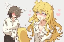 1boy after_fellatio andre_grandier black_pants blonde_hair blue_eyes blush breasts brown_hair cleavage collarbone collared_shirt cum cum_on_body facial female full-face_blush heart long_hair male medium_hair meremero one_eye_closed open_mouth oscar_francois_de_jarjayes pants shirt small_breasts straight straight_hair upper_body versailles_no_bara very_long_hair white_shirt wing_collar