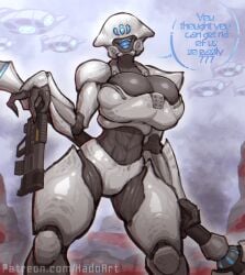 armored_female big_ass big_breasts dark_skin dialogue gun helldivers helldivers_2 illuminate_(helldivers) solo_female