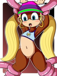 absurd_res anthro ape blonde_hair blue_eyes bottomless chimpanzee clothed clothing donkey_kong_(series) dreameclipsewolf dreamwolf ear_piercing ear_ring female hair haplorhine hi_res jewelry kong mammal navel nintendo pan_(genus) piercing primate ring_piercing sex solo tentacle tentacle_sex tiny_kong
