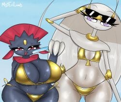 2d 2d_(artwork) 2girls anthro anthro_female belly big_breasts black_body clothed clothing female flat_chest furry game_freak golden_bikini golden_week huge_breasts looking_at_viewer misterilands nintendo pheromosa pokemon pokemon_(species) smile thick_thighs weavile white_body wide_hips