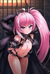 ahoge ai_generated arms_behind_back black_bikini black_coat close-up demon_horns detached_sleeves female flat_chest heart_tattoo leaning_forward long_hair mammon pink_hair prison puffy_sleeves purple_eyes red_gem side_ponytail solo standing streaked_hair torn_clothes white_hair