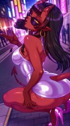 ai_generated ass black_hair blunt_bangs breasts colored_skin demon_girl demon_horns demon_tail dress earrings female high_heels hoop_earrings horns jewelry lips long_hair looking_at_viewer looking_back makeup medium_breasts meru_(merunyaa) mole oni pointy_ears red_skin shiny_skin skin-covered_horns solo_focus squatting succubus sunglasses tail tinted_eyewear white_dress yellow_eyes
