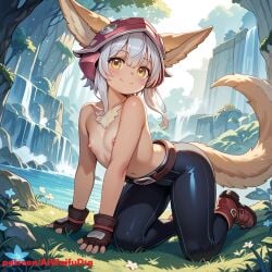 ai_generated aiwaifudesings all_fours animal_ears blush boots breasts eileen_(aiwaifudesings) female gloves gray_hair hat latex_pants looking_at_viewer nipples original original_character outdoors patreon_username solo tail topless water waterfall yellow_eyes