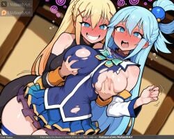 2girls ai_generated aqua_(konosuba) bare_shoulders blonde_hair blue_eyes blue_hair blue_skirt blurry blurry_background blush bodysuit breast_grab breasts covered_navel cowboy_shot crying crying_with_eyes_open darkness_(konosuba) depth_of_field detached_sleeves dress drooling drunk eyebrows_visible_through_hair frills grabbing grabbing_from_behind green_bow grin hair_between_eyes hair_ornament hair_rings hand_on_breast large_breasts long_hair motion_blur multiple_girls nose_blush open_mouth ponytail skirt smile tagme tears teeth thigh_boots thighhighs torn_bodysuit torn_clothes torn_legwear trembling velianthart very_long_hair x_hair_ornament