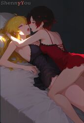 2girls ai_generated bed big_sister black_hair female incest large_breasts lesbian making_out nightgown purple_eyes ruby_rose rwby saliva shennyyou silver_eyes sister_and_sister sisters small_breasts yang_xiao_long yellow_hair yuri