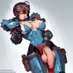 1futa ai_generated armor big_breasts big_penis futanari grace_howard gun looking_at_viewer narrow_waist seerxiao simple_background warhammer_40k zenless_zone_zero