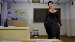 3d big_breasts big_lips black_hair breasts bulge_through_clothing bulge_under_clothes classroom clothed_futa dickgirl futa_only futanari horse_tail hourglass_figure huge_breasts intersex nails penis penis_under_clothes penis_under_skirt school skirt teacher wide_hips