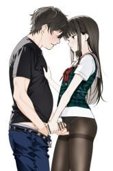 1boy absurdres bar_censor black_hair black_pantyhose black_shirt blunt_bangs blush brown_eyes censored clothes_pull commission erection faceless faceless_male facing_another female fingering fingering_through_clothes fingering_through_panties handjob highres hime_cut male moonsorrow mutual_masturbation no_pants open_mouth original panties panties_under_pantyhose pants pants_pull pantyhose penis pixiv_commission plaid_clothes plaid_vest sailor_collar school_uniform shirt short_sleeves smile standing sweat thighband_pantyhose through_clothes underwear vest white_panties white_sailor_collar white_shirt