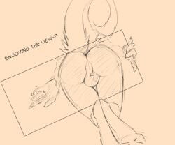against_surface anthro anus ass ass_on_glass butt_focus dialogue digital_media_(artwork) english_text glass low-angle_view male nude on_glass sergal solo tail text vegashasfrozenover worm's-eye_view