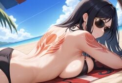1girls ai_generated beach black_hair breast_press breasts castlevania:_order_of_ecclesia female female_focus long_hair lying lying_on_side shanoa shoulder_tattoo sunglasses tattoo tattoo_on_back