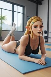 ai_generated black_bra black_eyeliner black_fingernails black_thong blonde_hair breath_of_the_wild elf female female_elf green_eyes hyrule_warriors nintendo princess_zelda pubic_hair socks sports_bra sweaty the_legend_of_zelda the_legend_of_zelda:_breath_of_the_wild training workout yoga_mat zelda_(breath_of_the_wild)