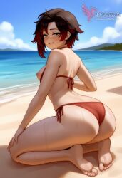 1girls 2d ai_generated ass back barefoot beach big_ass big_breasts bikini black_bikini day erophoenix feet female gradient_hair looking_at_viewer looking_back multicoloured_hair nipple_slip nipples outdoors pale_skinned_female patreon_username red_hair ruby_rose rwby short_hair sitting sky smile soles solo swimsuit two-tone_hair umbrella uncensored