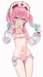 :) armpit armwear based_on_a_cosplay based_on_a_real_person belly blue_eyes blush blushing_at_viewer blushing_female breasts female_focus female_only gradient_hair high_resolution highres holding_hair honkai:_star_rail honkai_(series) hoyoverse hyacine_(honkai:_star_rail) light_skin looking_at_viewer peace_sign pink_and_blue_hair pink_bra pink_hair pink_panties pink_pants pink_swimsuit red_hat skai_kun slim_body slim_girl small_breasts smile smiley_face smiling_at_viewer swimsuit thighs tummy twintails upscaled waifu2x white_background young_female young_girl younger_female