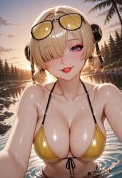 2025 ai_generated bangs bare_shoulders bikini blonde_hair blush breasts bun_cover cleavage collarbone double_bun eyewear_on_head female female female_focus gold_bikini hair_bun hair_over_one_eye hoyoverse large_breasts lips looking_at_viewer makeup mihoyo nsfw outdoors parted_lips partially_submerged purple_eyes red_lips rognezart shiny shiny_clothes shiny_skin short_hair sky smile solo sunglasses sunset sweety_(zenless_zone_zero) swimsuit tree upper_body water wet yellow_bikini zenless_zone_zero