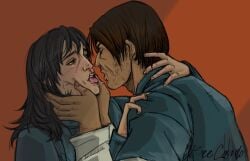 1male1female anya_(mouthwashing) blush_lines colored cupping_hands grabbing_neck half-closed_eyes holding_face jimmy_(mouthwashing) kissing making_out mouthwashing mouthwashing_(game) saliva_string saliva_trail shadows tongue_out