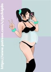 big_belly bra collar dark_hair female gach4p0n ling_xiaoyu lingerie lipstick panties ponytails pregnant see-through_clothing simple_background small_breasts smartphone tekken thighhighs v_sign wristband