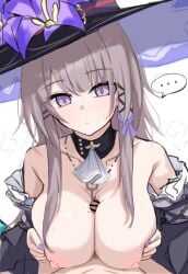 ... acht_ao ascot bar_censor bare_shoulders black_hat breasts breasts_squeezed_together brown_hair censored detached_sleeves female flower hat hat_flower herta_(honkai:_star_rail) highres honkai:_star_rail honkai_(series) large_breasts long_hair looking_at_viewer nipples paizuri penis pov pov_crotch purple_eyes purple_flower purple_hat purple_nails purple_ribbon ribbon sweat the_herta_(honkai:_star_rail) white_ascot white_background witch_hat