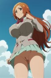 ai_generated bleach breasts brown_eyes cloud day female inoue_orihime long_hair no_panties orange_hair pussy school_uniform skirt skirt_lift sky solo thighs