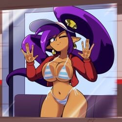1girls against_glass against_surface big_breasts bikini blue_eyes breasts breasts_on_glass dark-skinned_female dark_skin female female_only hat jacket long_hair looking_at_viewer png purple_hair shantae shantae_(character) solo swimsuit thick_thighs wide_hips zedrin