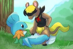 clothing cowgirl_position female from_front_position generation_3_pokemon generation_7_pokemon hi_res male male/female mudkip nintendo on_bottom on_top path_(pathwarden) pokemon pokemon_(species) pokemon_mystery_dungeon scarf screamoshaymin sex shirt tank_top teats topwear vaginal_penetration yungoos