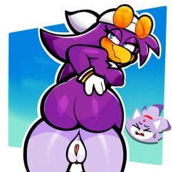 absurd_res anus avian bandanna_on_head bedroom_eyes blaze_the_cat blue_eyes blush breasts butt_stack eyewear felid feline female female/female female_on_top genitals hi_res maio mammal narrowed_eyes oiamoeyh on_top purple_body pussy seductive sega sonic_(series) sonic_riders sonic_the_hedgehog_(series) sunglasses wave_the_swallow