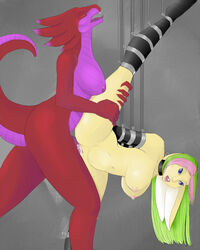 2girls anthro bondage bound breasts deathlight dickgirl dragon female fur furry green_hair hair intersex interspecies lagomorph leather nipples nude penis pink_hair pussy rabbit sex suspension water_dragon