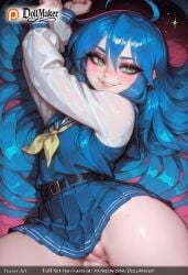 ahoge ai_generated belt blue_hair blue_skirt blush dollmaker female green_eyes hair_between_eyes konata_izumi long_hair long_sleeves looking_at_viewer lying mole mole_under_eye multicolored_hair no_panties on_back pleated_skirt pussy school_uniform serafuku skirt smile solo sparkle spread_legs sweat tagme thick_thighs thighs tiny_waist very_long_hair