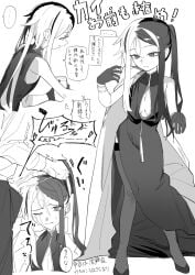 ... 1boy bare_shoulders blue_archive closed_mouth cum cum_on_body cum_on_hair dress ejaculation facial female gloves grabbing_another's_hair greyscale highres kai_(blue_archive) long_hair monochrome multicolored_hair one_eye_closed projectile_cum sleeveless sleeveless_dress speech_bubble split-color_hair spoken_ellipsis standing straight thighhighs translation_request umiwashi
