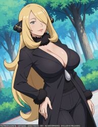 ai_generated bangs black_coat black_jacket black_pants black_shirt blonde_hair blush breasts bushes cleavage closed_mouth clothing coat curvaceous cynthia_(pokemon) day female female_only forest fur-trimmed_coat fur-trimmed_sleeves fur_collar fur_trim grey_eyes hair_ornament hair_over_one_eye hand_on_hip hand_on_own_hip high_resolution huge_breasts jacket large_breasts lips long_hair long_sleeves looking_at_viewer nature open_clothes outdoors pants pokemon pokemon_(game) pokemon_character pokemon_diamond_pearl_&_platinum shirt smile solo standing text thighs tree very_long_hair wodstudio