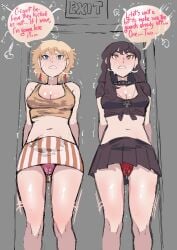 2girls bella_(biku) beth_(biku) biku black_hair black_shirt black_skirt bladder_bulge blonde_hair blue_eyes blush breasts brown_eyes cleavage clenched_teeth earrings english_text exit_sign have_to_pee long_hair navel necklace original panties pantyshot pantyshot_(standing) pink_panties pink_underwear red_panties red_underwear shirt short_hair skirt speech_bubble spiked_collar stained_panties striped_skirt sweatdrop text text_bubble thighs underwear upskirt wet wet_panties