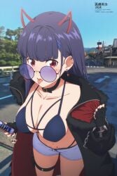 akuma_nihmune bangs bikini black_bikini black_choker blue_hair blue_shorts blue_sky breasts building choker city cityscape cleavage collarbone day denim_shorts earrings eyebrows_visible_through_hair female fur_trim gloves horns indie_virtual_youtuber jacket jewelry large_breasts leaning_forward long_hair long_sleeves looking_at_viewer navel oni_horns open_clothes outdoors photo_background purple_hair red_eyes short_shorts shorts sky solo sunglasses swimsuit the_bikini_bottoms thigh_strap tongue tongue_out virtual_youtuber