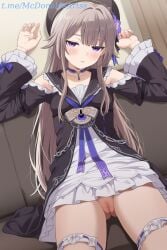 1girls ai_generated beret black_dress black_headwear blush breasts brown_hair chains choker closed_mouth clothing_cutout collarbone commentary_request couch doll_joints dress female female_focus female_only flower frills hair_flower hair_ornament hat hat_flower herta_(honkai:_star_rail) honkai:_star_rail honkai_(series) joints key key_necklace long_hair long_sleeves looking_at_viewer no_panties on_couch parted_lips purple_choker purple_eyes purple_flower pussy shoulder_cutout sidelocks sitting small_breasts solo straight the_herta_(honkai:_star_rail) uncensored white_dress zelanell