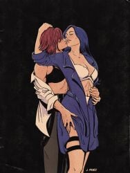 arcane arcane_caitlyn arcane_vi asian_female black_bra bra breasts caitlyn_kiramman from_behind jenifer_prince league_of_legends lesbian_kiss muscular muscular_female netflix open_shirt pale-skinned_female red_hair riot_games sapphic thigh_highs thighhighs thighs vi video_games white_bra yuri