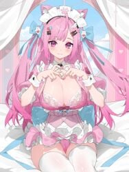 ahoge animal_ears animated animated bandaid bandaid_hair_ornament bed_sheet belt black_choker blue_bow blush bouncing_breasts bow bow_panties bra braid breasts cat_choker cat_ears cat_girl choker cleavage closed_mouth crossed_bandaids day extra_ears female fingernails fish_hair_ornament ghost_hair_ornament hair_ornament hairbow hairclip heart heart_hair_ornament heart_hands indie_virtual_youtuber indoors large_breasts long_hair looking_at_viewer maid maid_headdress nail_polish nipple_slip nipples panties paw_print pink_belt pink_bow pink_bra pink_eyes pink_hair pink_nails pink_panties pink_shirt pink_skirt shiny_skin shirt short_sleeves sitting skirt smile solo thighhighs thighs two_side_up underwear virtual_youtuber waterring white_thighhighs white_wrist_cuffs wing_hair_ornament wrist_cuffs yuuki_sakuna yuuki_sakuna_(1st_costume)