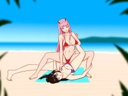 2girls anoneysnufftan applying_sunscreen beach beach_towel bikini black_hair blue_eyes blurry_background class_of_'09 darling_in_the_franxx embarrassed female female_only horned_headwear humiliation imminent_death killer_lotion long_hair massage murder nicole_(class_of_'09) peril pink_hair punishment rubbing sand sinfulline snuff summer sunbathing swimsuit towel zero_two_(darling_in_the_franxx)