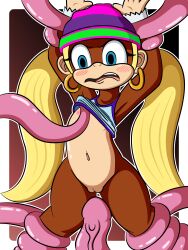 absurd_res anthro ape blonde_hair blue_eyes chimpanzee clothed clothing donkey_kong_(series) dreameclipsewolf female hair haplorhine hi_res imminent_rape imminent_sex kong mammal nintendo pan_(genus) primate raised_clothing raised_topwear sex solo tentacle tentacle_sex tentacles_on_female tiny_kong topwear