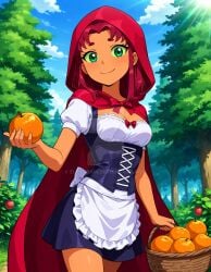 2025 ai_generated cartoon_network dc dcau deviantart elryusam fairy_tales forest green_eyes holding_basket holding_fruit little_red_riding_hood little_red_riding_hood_(copyright) little_red_riding_hood_(cosplay) maid_uniform meta mouth_closed not_porn orange_(fruit) orange_body orange_cheeks orange_skin red_cape red_eyebrows red_hair_female starfire_(teen_titans) teen_titans