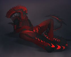 2024 4_fingers 4_toes alien alien_(franchise) animal_genitalia armageddon_(geco) athletic back_spikes chevron_(marking) claws crawling digital_media_(artwork) erection exposed_teeth eyeless feet feral fingers genital_slit genitals half-erect hi_res male male_xenomorph markings monster nude open_mouth peeking_penis penis penis_tip presenting presenting_slit red_body red_penis red_skin simple_background solo spiked_tail spikes spikes_(anatomy) spread_slit tail tail_markings tail_spines teeth toe_claws toes tres-art xenomorph