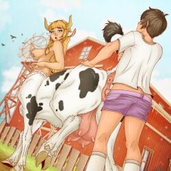 1boy animal_ears ass blonde_hair blue_eyes braid breasts brown_hair centaur day female fence from_behind glasses horns larger_female long_hair looking_back male monster_girl outdoors shirt shorts tagme tail twin_braids