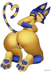 animal_crossing ankha anthro ass ass_focus big_penis blue_body blue_eyes blue_fur blue_hair bubble_ass bubble_butt cat_ears cat_girl cat_tail catgirl covered_nipples covering covering_breasts egyptian gold gold_(metal) gold_jewelry heart-shaped_tail huge_ass kurupi_(artist) legwear nintendo paws stripes thick thick_ass thick_hips thick_legs thighs yellow_body yellow_fur