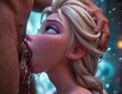 1girl1boy ai_generated blonde_hair blowjob blue_eyes deepthroat drooling elsa_(frozen) eyeshadow fellatio female hand_on_head male submissive