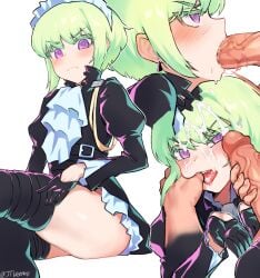 2boys androgynous blowjob cum fellatio femboy galo_thymos jtveemo lio_fotia maid maid_headdress maid_outfit maid_uniform male promare twink yaoi